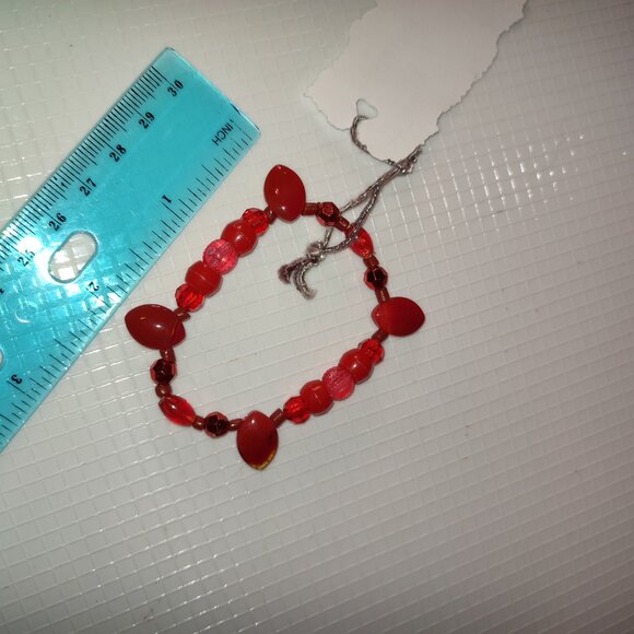 Red Stones Bracelet Medium Hand Wrist Beads Handmade Handcrafted Elastic - Picture 6 of 6